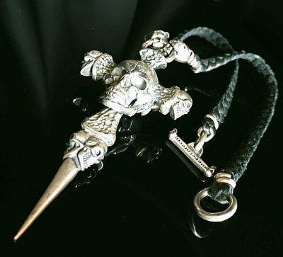 Photo1: Large Skull On 2 Skulls Hammer Cross Double Face Dagger With 2 Old Bulldogs Braid Leather Necklace