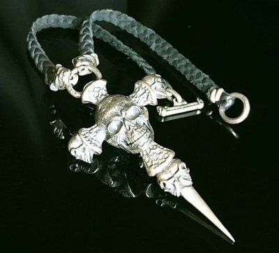 Photo2: Large Skull On 2 Skulls Hammer Cross Double Face Dagger With 2 Old Bulldogs Braid Leather Necklace