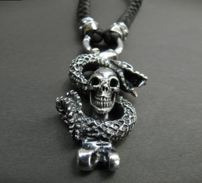 Photo2: Snake on skull braid leather necklace