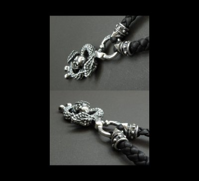 Photo3: Snake on skull braid leather necklace