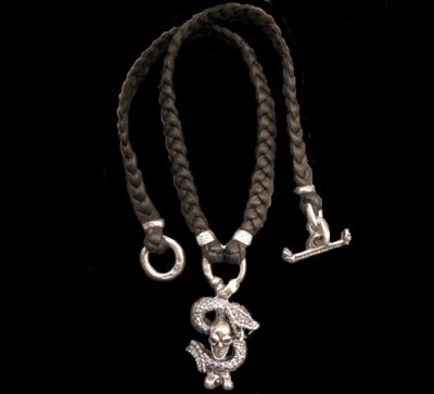 Photo1: Half Skull On Snake braid leather necklace