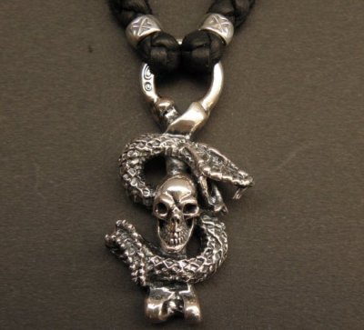 Photo3: Half Skull On Snake braid leather necklace