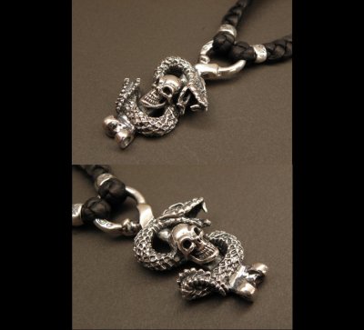 Photo4: Half Skull On Snake braid leather necklace