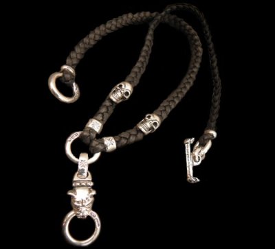 Photo1: Quarter Bulldog & ２Quarter Skulls braid leather necklace