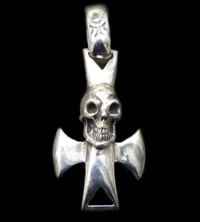 Photo1: Skull with round zip cross Pendant