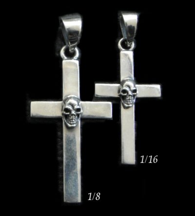 Photo1: Skull On Plain Cross Pendant [1/8 , 1/16]