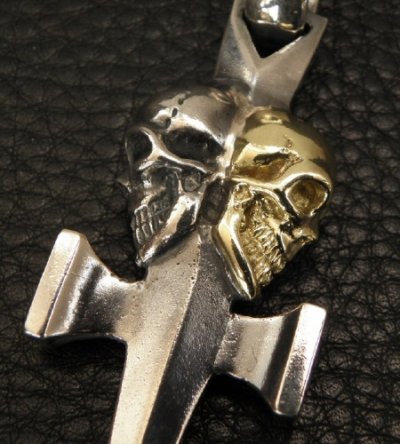 Photo2: 18k Gold Skull & Sterling Skull Double Face Square Bottom Dagger Pendant