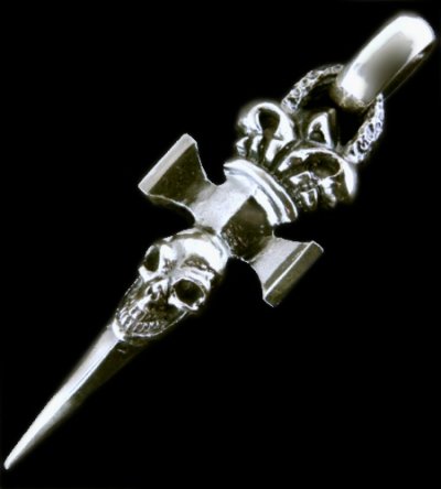 Photo1: Crown Single Skull Dagger Square Bottom With Chiseled Loop & H.W.O Pendant