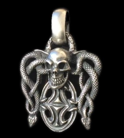 Photo1: Skull On Snake Buckle With Sculpted Oval Pendant