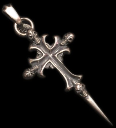 Photo1:  3Skull On 2inc Plain Grooved Cross With Single Skull Dagger Pendant (Quarter)