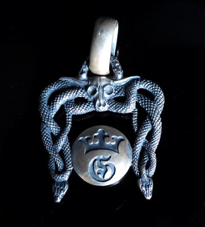 Photo1: Buffalo Skull On Snake Buckle With G&Crown Button Pendant 