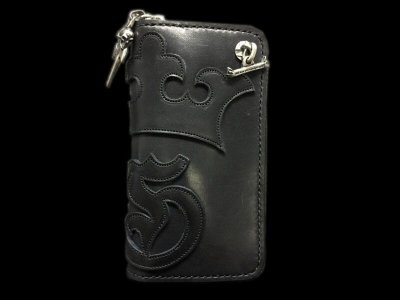 Photo1: G&Crown Overlay Saddle Leather Round Zip Wallet (Black on Blue)