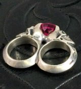 Pink Sapphire Devil Skull Triangle Wire Bangle 2Finger Ring