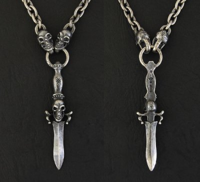 Photo2: Half Dagger With Skull With Half 2 Skulls & 7Chain Necklace