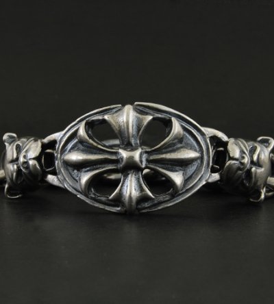 Photo3: Cross Oval With 2Bulldogs & 2Skulls Bracelet