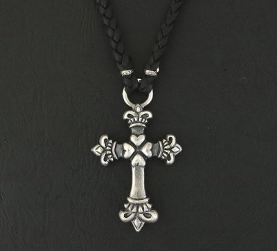 Photo2: Quarter 4Heart Crown Cross braid leather necklace