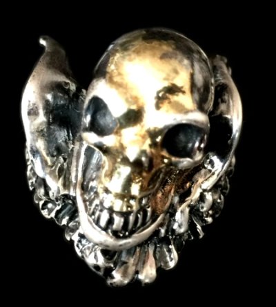 Photo1: 18k Gold Blood Face Skull Wing Ring