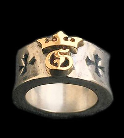 Photo1: 18K Gold High Raised G & Crown On Wide Cigar Band Ring