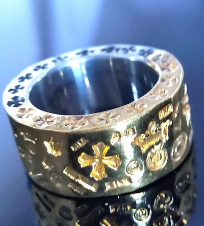 Photo1: Pure Gold Wrap12mm Wide Multi Stamp Flat Bar Ring Bold