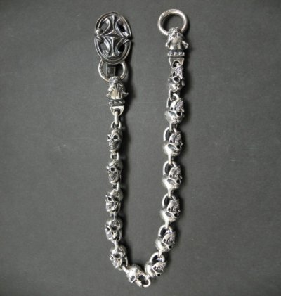 Photo2: Sculpted oval keeper with 2 old bulldog & all skull links wallet chain