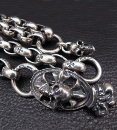 Photo2: Skull On Crown Cross Oval Keeper With All H.W.O Links & Single Skull Drop Wallet Chain