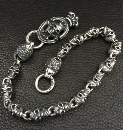 Photo2: Skull On Crown Sculpted Oval Keeper With 2Lions & 13Skull Links Wallet Chain