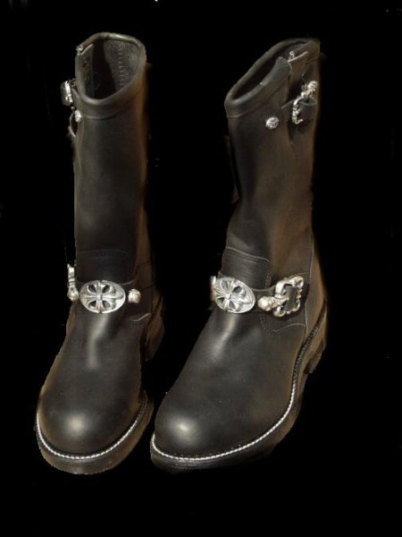 Photo1: Long Boots with Cross Oval & 2 Skull (1)