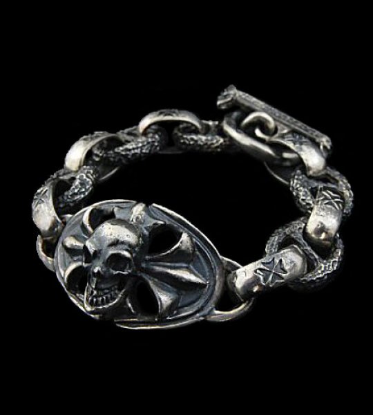 Photo1: Skull On Cross Oval Id  With H.W.O & Chiseled Anchor Links Bracelet (1)