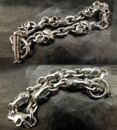 Photo1: Half Skull & Chain Links Bracelet