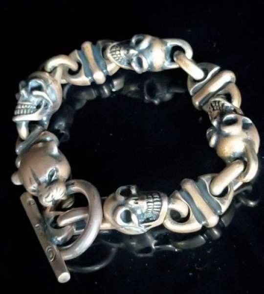 Photo1: Panther With 4Skulls & 3Boat Chain Links Bracelet (1)