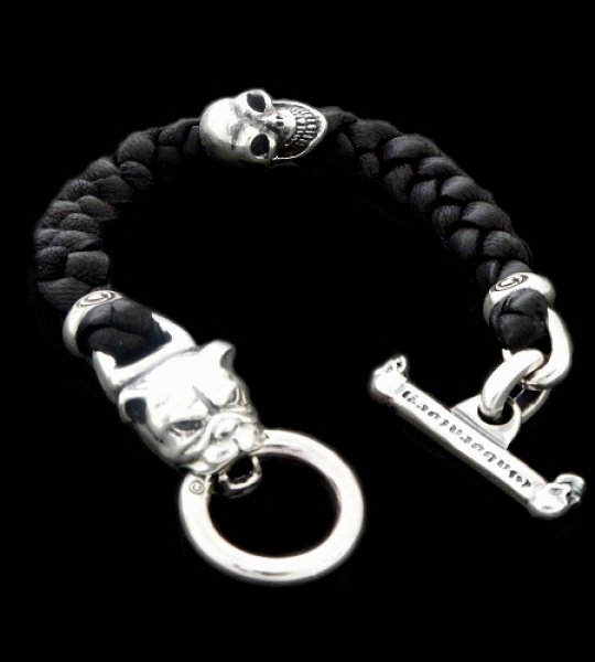 Photo1: Bulldog & Skull on braid leather bracelet (1)