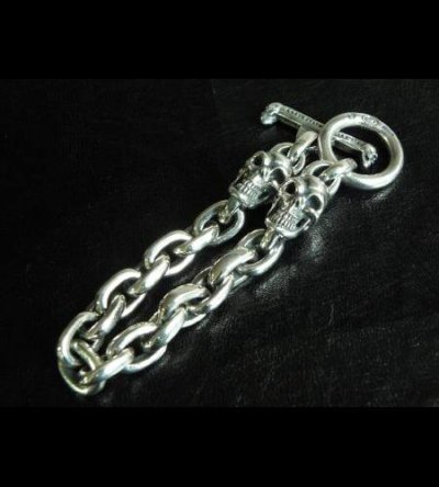 Photo1: 2Skull With Small Oval Chain Link Bracelet