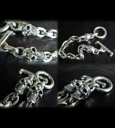 Photo2: 2Skull With Small Oval Chain Link Bracelet