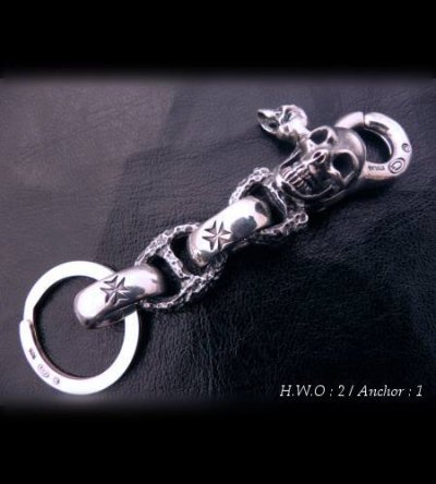 Photo1: Skull on clip with maltese cross H.W.O & chiseled anchor key ring