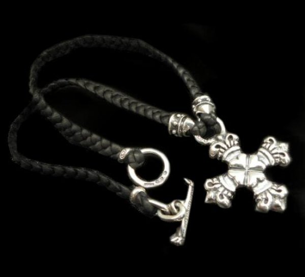 Photo1: Quarter 4heart crown cross with bolo neck braid leather necklace (1)