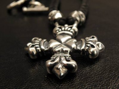 Photo1: Quarter 4heart crown cross with bolo neck braid leather necklace