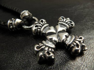 Photo2: Quarter 4heart crown cross with bolo neck braid leather necklace