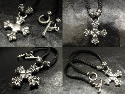 Photo3: Quarter 4heart crown cross with bolo neck braid leather necklace