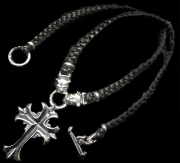 Photo1: Half grooved cross with Half 2bulldogs braid leather necklace (1)