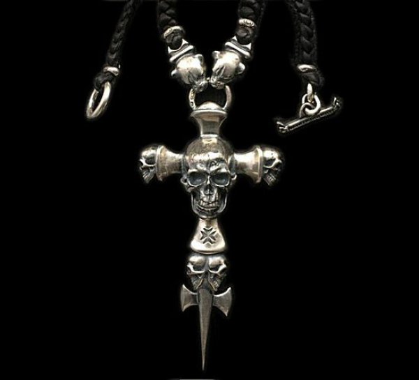 Photo1: Large Skull On 2Skulls Hammer Cross Double Face Dagger With 2Panthers Braid Leather Necklace (1)