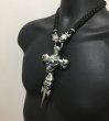 Photo3: Large Skull On 2Skulls Hammer Cross Double Face Dagger With 2Panthers Braid Leather Necklace (3)