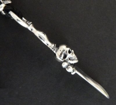 Photo2: Half Dagger With Skull &Half 2 Old Skulls braid leather necklace