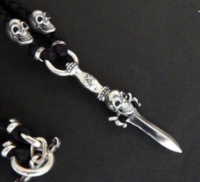 Photo3: Half Dagger With Skull &Half 2 Old Skulls braid leather necklace