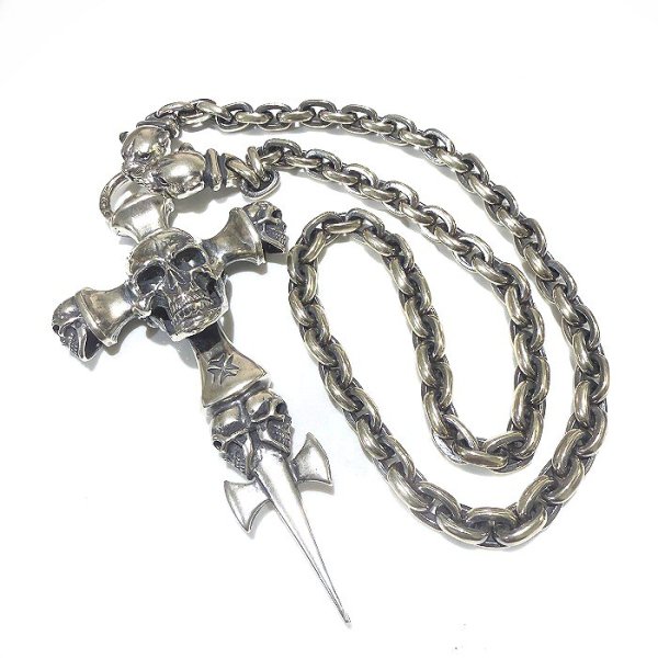 Photo1: Large Skull On 2Skulls Hammer Cross Double Face Dagger With 2Panthers Small Oval Chain Necklace (1)
