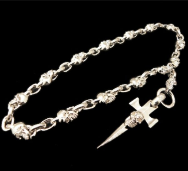 Photo1: Half Single Skull Dagger Square Bottom & H.W.O With Quarter Skull & Small Oval Links Necklace (Platinum Finish) (1)