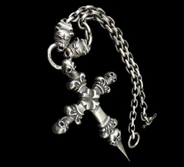 Photo1: 3 Skulls On 4 Heart Crown Long Cross Double Face Dagger With 2 Long Neck Bulldogs & Small Oval Links Necklace (1)