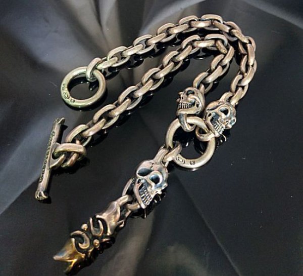 Photo1: Single Skull With Macaroni 2 Single Skulls & Small Oval Chain Links Necklace (1)