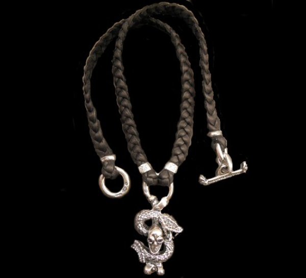 Photo1: Half Skull On Snake braid leather necklace (1)