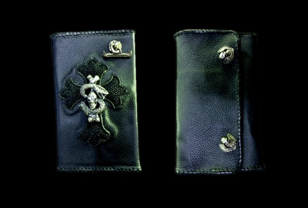 Photo1: Stingray Snake Bone On Traditional Cross Inlay Buffalo Long Wallet (1)